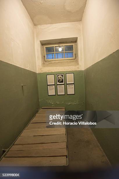 Wladyslaw Kulka, Ernst Heilmann and Wladyslaw Chodnicki are remembered in one of the cells at the 'Bunker', or cell block, in Buchenwald...