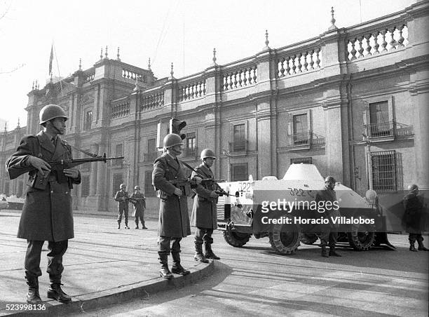 Chilean Carabineros surround La Moneda Presidential Palace at 8 am, September 11th, 1973. Bound by law to be the Presidential Guard, one hour later...
