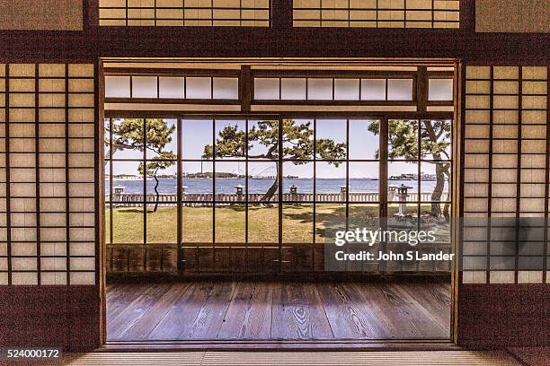 Tatami Room View of Hirobumi Garden at Nojima Koen - Hirofumi Ito was Japans first prime minister. He had a beautiful thatched roof villa built...