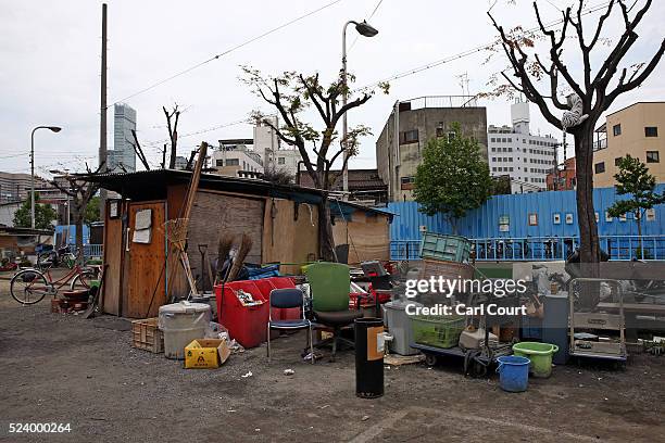 Home is pictured in the slum area of Kamagasaki on April 23, 2016 in Osaka, Japan. Kamagasaki, a district in Japan's second largest city Osaka, is...