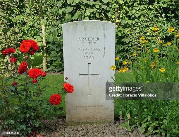 The tomb of an unknown British soldier who died during World War II, at the Franco-British War Cemetery in St. Valery en Caux, France.