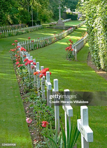 Rows of crosses mark the graves of French military men who died during World War II, at the Franco-British War Cemetery in St. Valery en Caux, France.