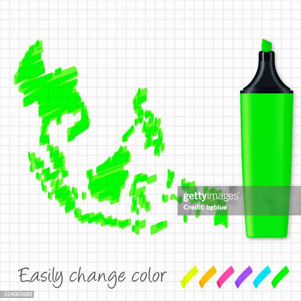 southeast asia map hand drawn on grid paper, green highlighter - philippine map drawing stock illustrations