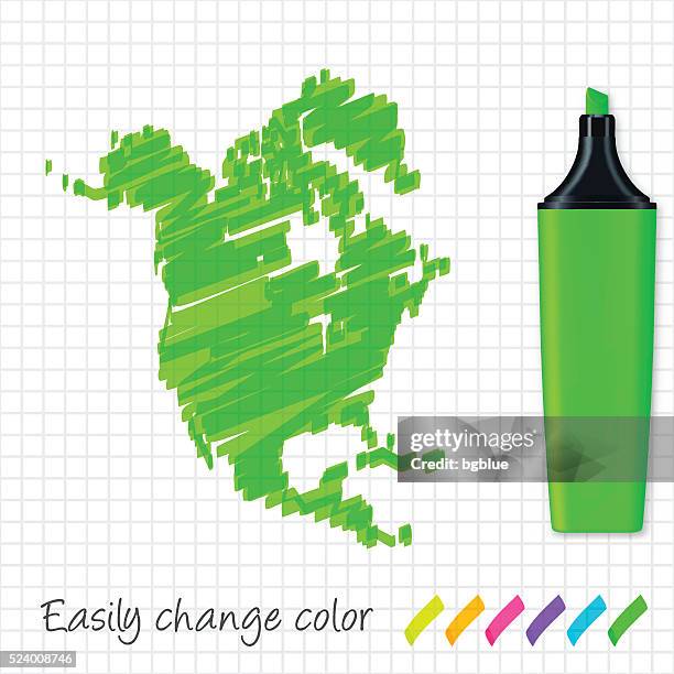 north america map hand drawn on grid paper, green highlighter - highlighter stock illustrations