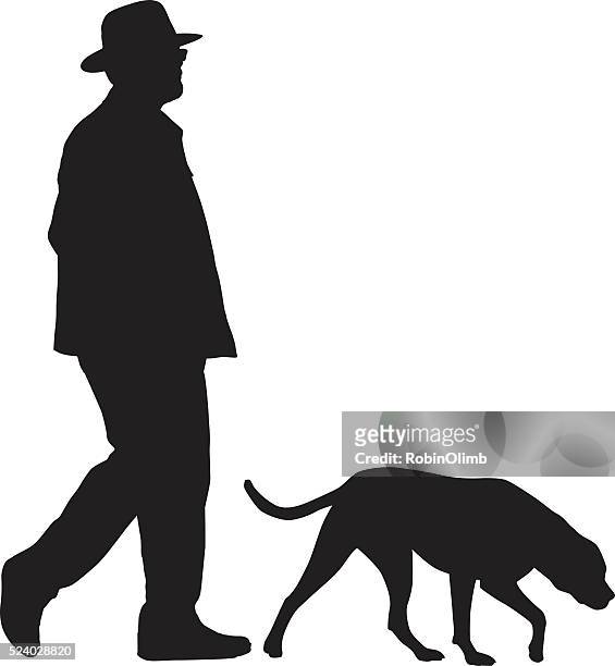 stockillustraties, clipart, cartoons en iconen met man walking with his dog - one mature man only