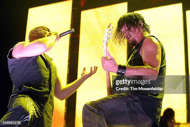 Dave Draiman and Dan Donegan of Disturbed perform as part of the "Rockstar Energy Uproar Festival" at the Sleep Train Amphitheatre in Wheatland,...