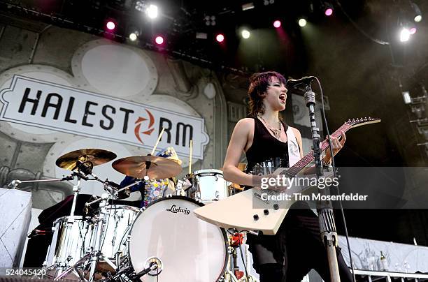 Lzzy Hale of Halestorm performs as part of the "Rockstar Energy Uproar Festival" at the Sleep Train Amphitheatre in Wheatland, California