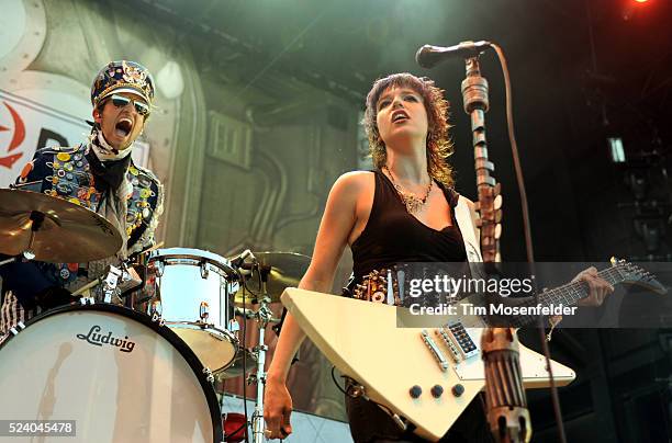 Arejay Hale and Lzzy Hale of Halestorm perform as part of the "Rockstar Energy Uproar Festival" at the Sleep Train Amphitheatre in Wheatland,...