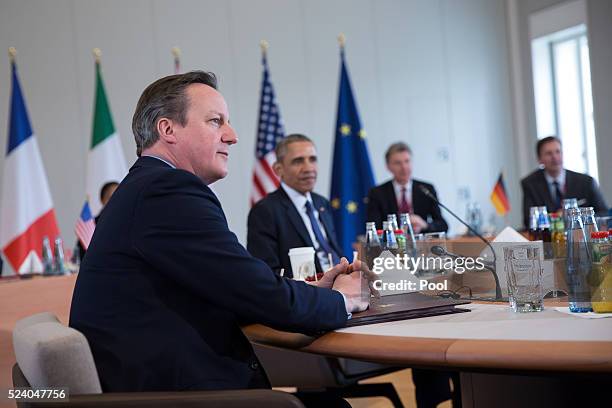 British Prime Minister David Cameron meets with European leaders at Herrenhausen Palace on April 25, 2016 in Hanover, Germany. Obama is meeting David...
