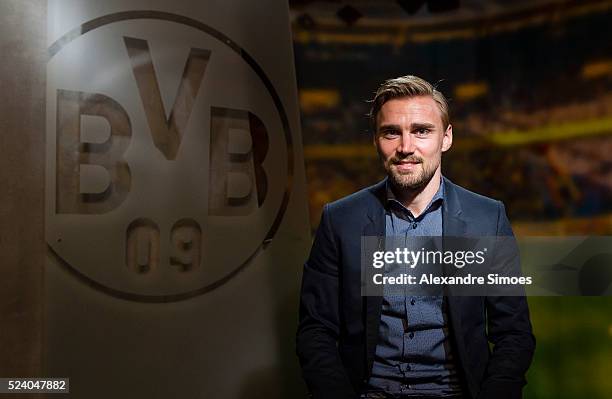 Marcel Schmelzer of Borussia Dortmund enews contract until 2021 for Borussia Dortmund on April 25, 2016 in Dortmund, Germany.