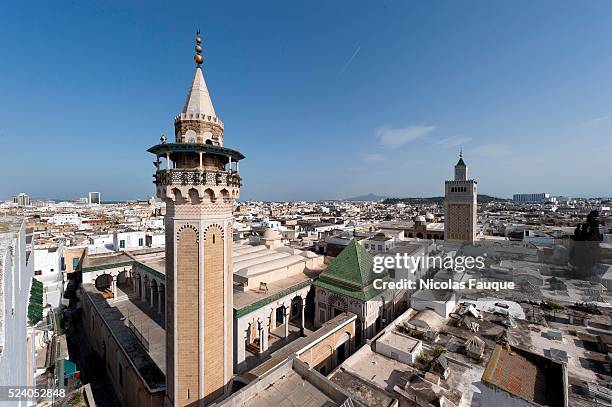 Since the roofs of the medina seen on the medina of Tunis with in the foreground the minaret and the mosque Hammouda Pacha and to the right the Big...