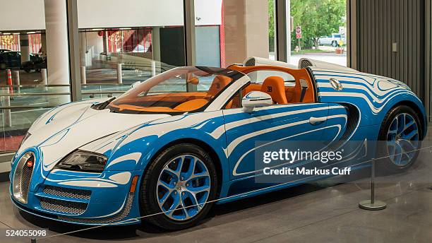 Bugatti Veyron with a paint design by Royale Porcelain Manufacturer in Berlin on display in the lobby of the Petersen Automotive Museum in Los...