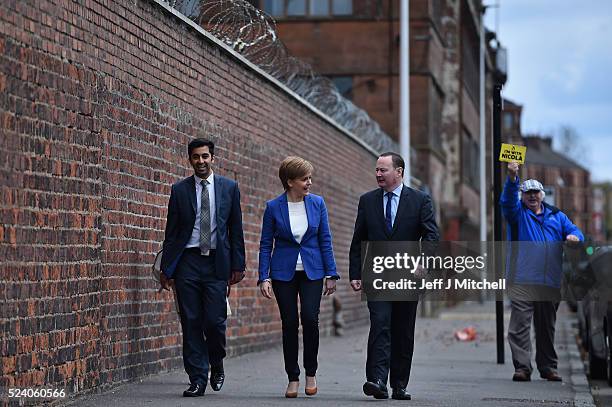 Leader and First Minister Nicola Sturgeon , SNP candidate for Glasgow Anniesland, Bill Kidd and local candidate Humza Yousaf arrive at BAE Systems in...
