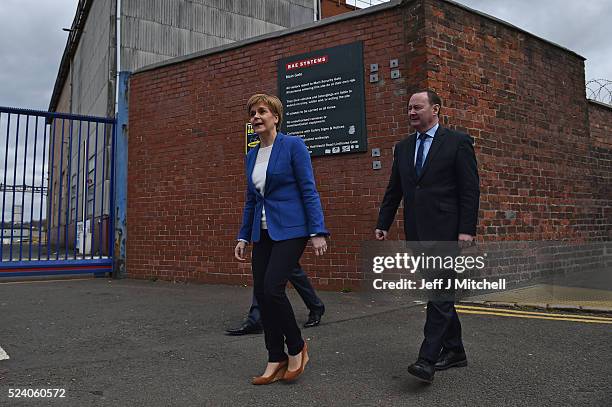 Leader and First Minister Nicola Sturgeon , SNP candidate for Glasgow Anniesland, Bill Kidd and local candidate Humza Yousaf arrive at BAE Systems in...