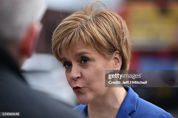 Leader and First Minister Nicola Sturgeon arrives at BAE Systems in Govan to meet with Trade Union representatives on April 25, 2016 in...