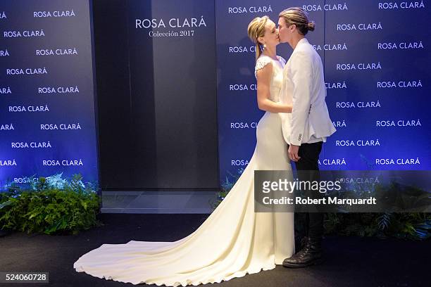 Jay Alvarrez and Alexis Ren pose during a photocall for 'Rosa Clara' Barcelona Bridal week fitting on April 25, 2016 in Barcelona, Spain.