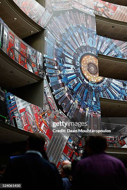 General view inside CERN building 40 with its scale photo of The Compact Muon Solenoid experiment which is one of two large general-purpose particle...