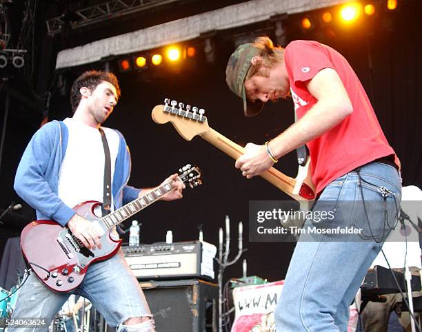 Adam Levine and James Valentine of Maroon 5 perform on stage at the "John Mayer & Counting Crows Summer US" tour opener at Fiddlers Green...