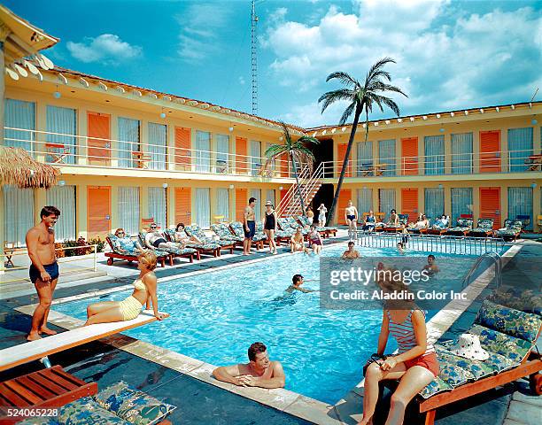 Tourists at Tahiti Motel Swimming Pool in Wildwood, New Jersey