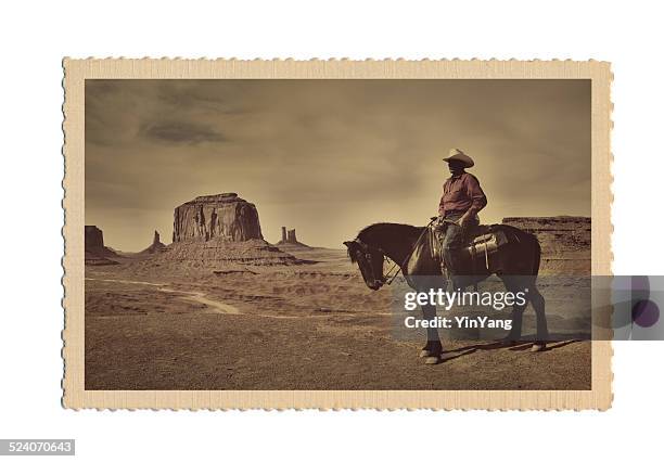 retro antique postcard photograph of american west scene with cowboy - ansicht stockfoto's en -beelden