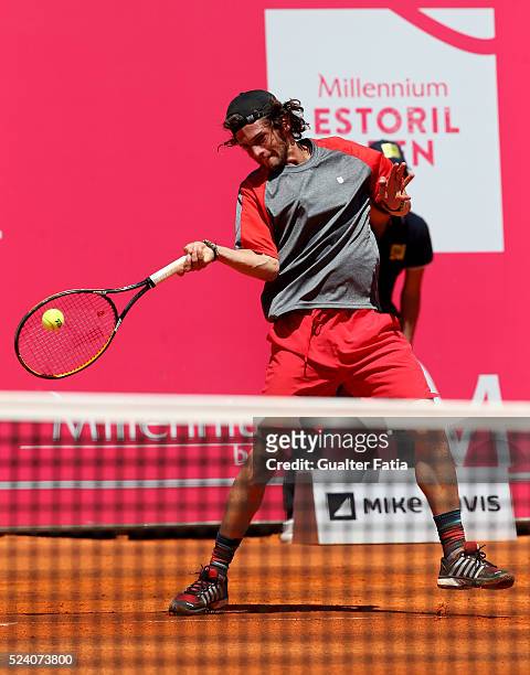 Pedro Sousa from Portugal in action during the match between Leonardo Mayer and Pedro Sousa for Millennium Estoril Open at Clube de Tenis do Estoril...