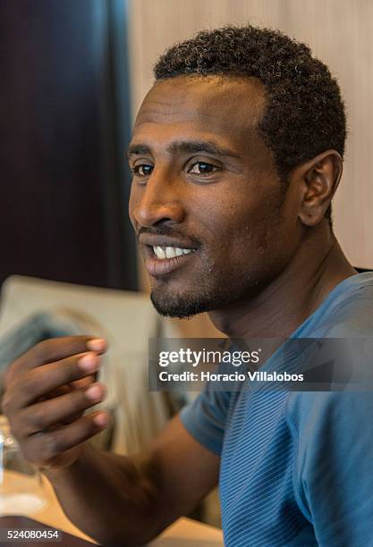 Ethiopian Sisay Lemma Kasaye, winner of the 34th Frankfurt Marathon, at the winners' press conference in Frankfurt, Germany, 26 October 2015, a day...