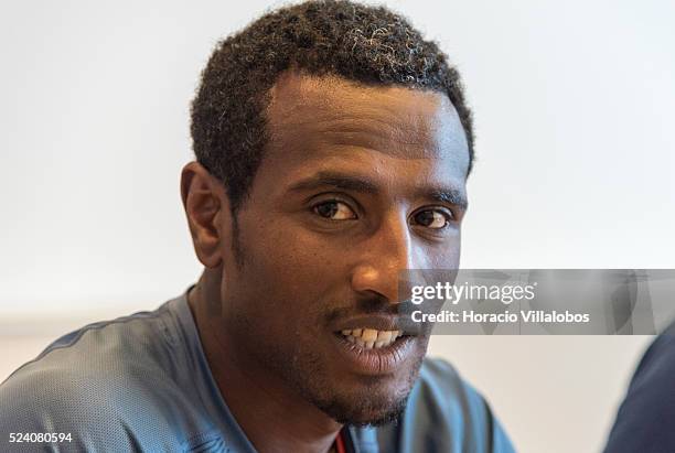 Ethiopian Sisay Lemma Kasaye, winner of the 34th Frankfurt Marathon, at the winners' press conference in Frankfurt, Germany, 26 October 2015, a day...