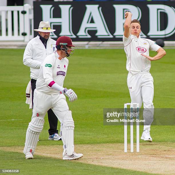 Tom Curran of Surrey runs in to bowl during the Specsavers County Championship Division One match between Surrey and Somerset at the Lords Cricket...