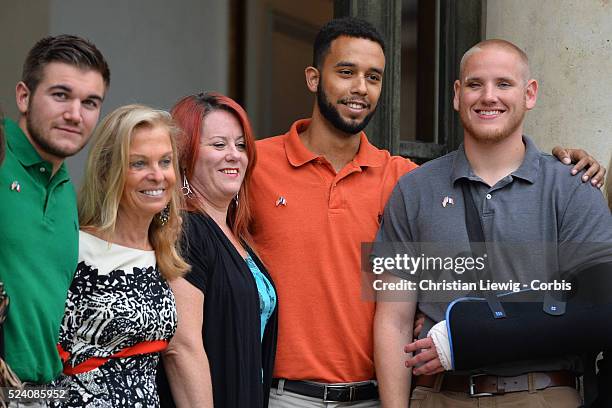 College student Anthony Sadler, U.S. Airman Spencer Stone, US ambassador to France Jane D. Hartley and US National Guardsman Alek Skarlatos arriving...