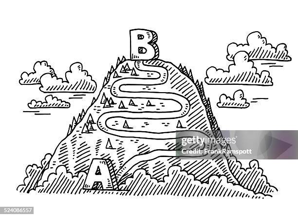 mountain trip a to b concept drawing - path obstacles stock illustrations