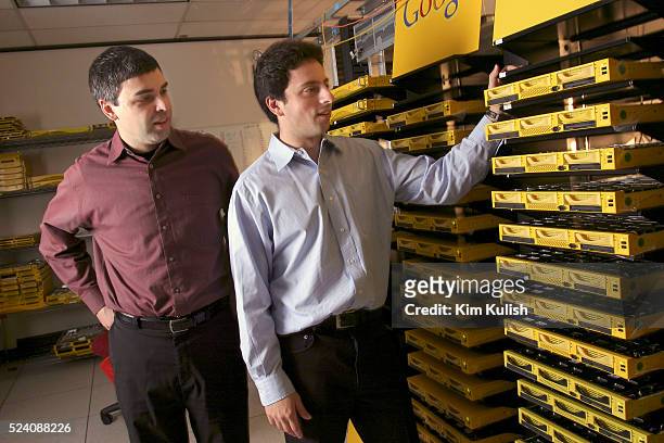 Larry Page , Co-Founder and President, Products, and Sergey Brin, Co-Founder and President, Technology, at Google's campus headquarters in Mountain...