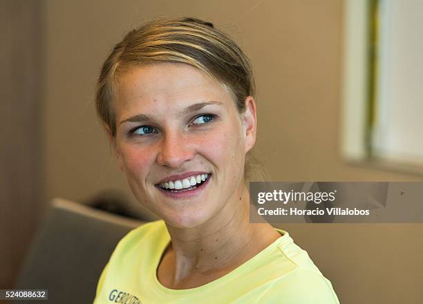 German Lisa Hahner , best of German female runners at the 34th Frankfurt Marathon, at the winners' press conference in Frankfurt, Germany, 26 October...