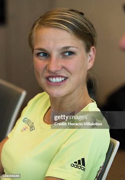 German Lisa Hahner , best of German female runners at the 34th Frankfurt Marathon, at the winners' press conference in Frankfurt, Germany, 26 October...