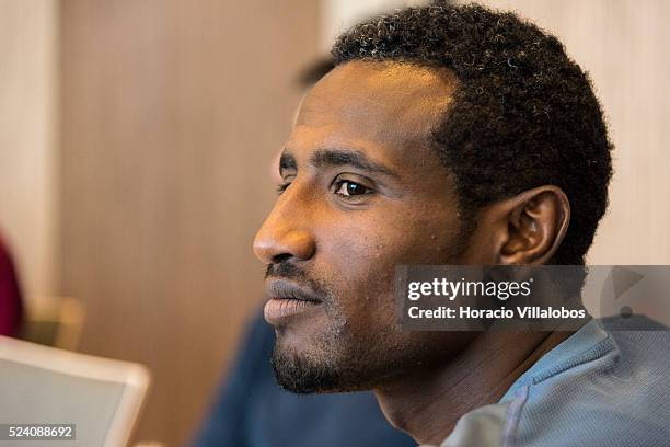 Ethiopian Sisay Lemma Kasaye, winner of the 34th Frankfurt Marathon, at the winners' press conference in Frankfurt, Germany, 26 October 2015, a day...