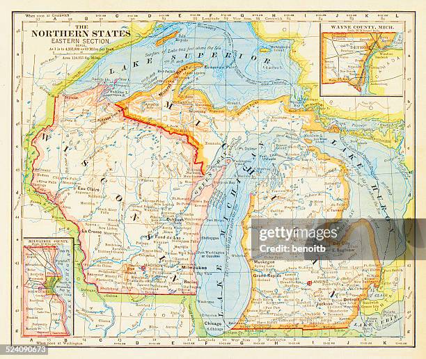 ilustraciones, imágenes clip art, dibujos animados e iconos de stock de mapa de estados del norte, 1883 - grandes lagos