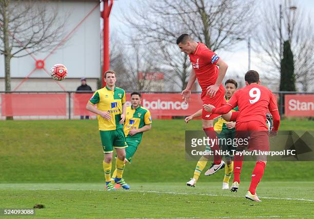 Lloyd Jones of Liverpool scores a headed goal during the Liverpool v Norwich City U21 Premier League game at The Kirkby Academy on April 25, 2016 in...