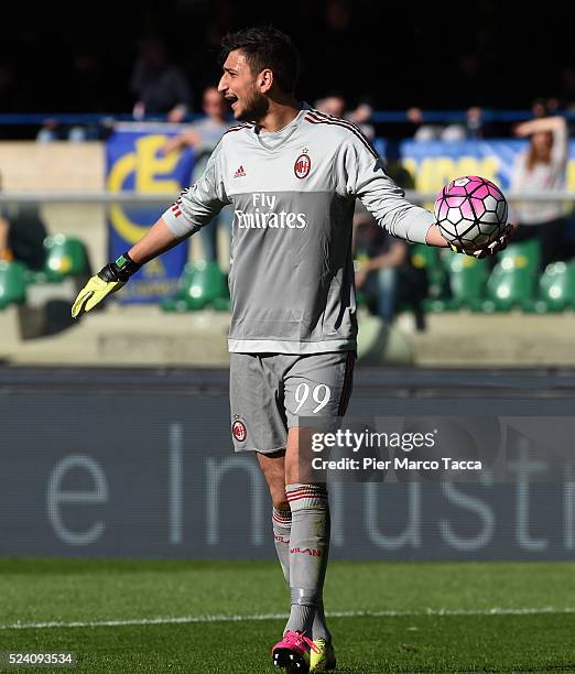 Goalkeeper of AC Milan Gianluigi Donnarumma looks during the Serie A match between Hellas Verona FC and AC Milan at Stadio Marc'Antonio Bentegodi on...