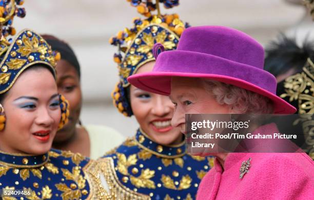 Britain's Queen Elizabeth II attends an Observance for Commonwealth Day 2005 service held at Westminster Abbey in central London on March 14, 2005....