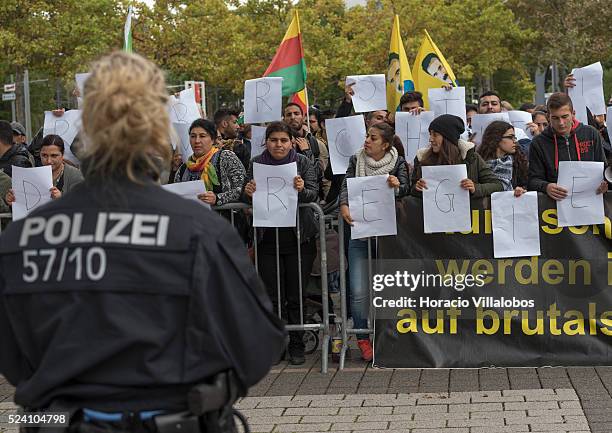 German anti riot police face Kurds demonstrating against ISIS at the 66 Frankfurt Book Fair, in Frankfurt, Germany, 07 October 2014, in which Finland...