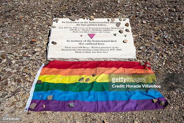 Homosexuals' memorial plaque is placed where once stood one of the demolished barracks in Buchenwald concentration camp near Weimar, Germany, 21 July...