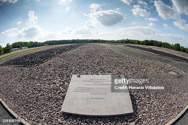 Memorial stone in Block 23 for the 27,000 female prisoners, in Buchenwald concentration camp near Weimar, Germany, 21 July 2013. The camp,...