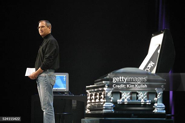Apple Computer CEO Steve Jobs kicked off Apple's annual Worldwide Developer Conference by paying tribute to MacOS 9 as funeral music plays and a copy...