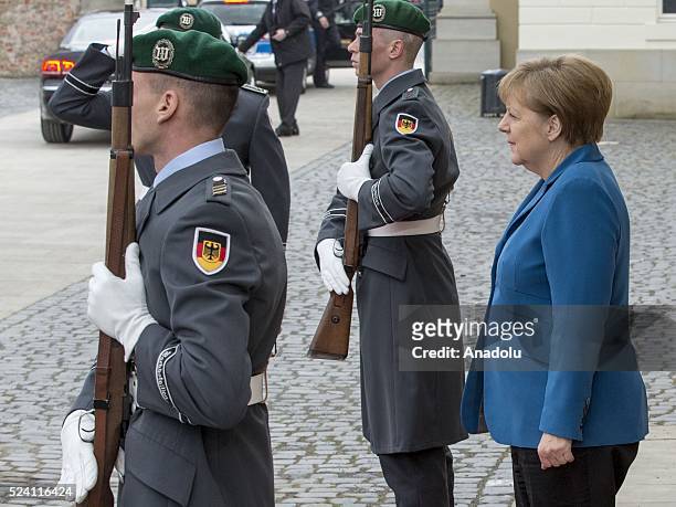 German Chancellor Angela Merkel is seen before her meeting with U.S President Obama and European leaders at Schloss Herrenhausen palace in Hanover,...