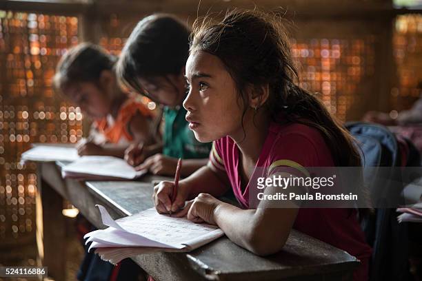 Sriyana Vaidya studies at the Nishchal Adhikari school in a thatched hut temporary classroom on April 25, 2016 in Bhaktapur, Nepal. One year after...