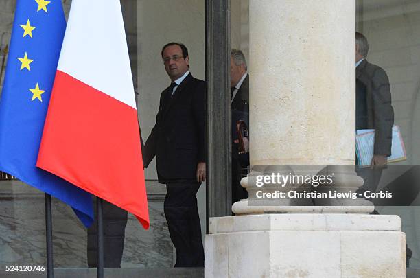 French president Francois Hollande, Junior Minister for Transports and Maritime Economy Frederic Cuvillier and Prime Minister Jean-Marc Ayraul after...