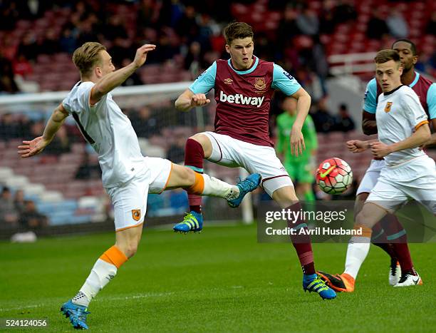 Sam Byram of West Ham United in action with Hull's Jarrod Bowen during the U21 Premier League Cup Final First Leg between West Ham United and Hull...