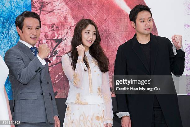 Actors Jeong Yu-Mi and Chun Jung-Myung attend the KBS Drama 'The Master Of Revenge - God Of Noodles' press conference on April 25, 2016 in Seoul,...