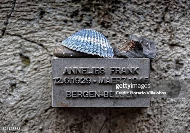 Shell and small stones are seen on top of Anne Frank's commemorative plaque, one among the 11,134 victims, born or residing in Frankfurt, killed...