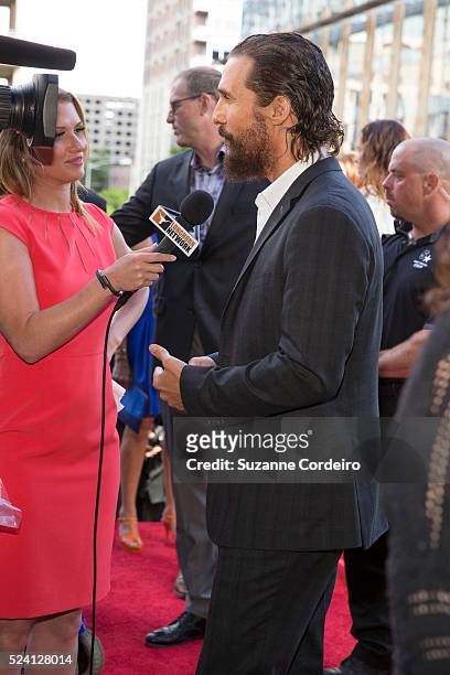 Matthew McConaughey being interviewed as he arrives at the third Mack, Jack & McConaughey charity gala at ACL Live on April 16, 2015 in Austin, Texas.