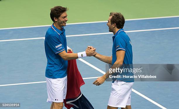 Julien Benneteau and Nicolas Mahut jubilate at the end of the doubles played against Benjamin Becker and Andre Begemann of Germany, on the second day...